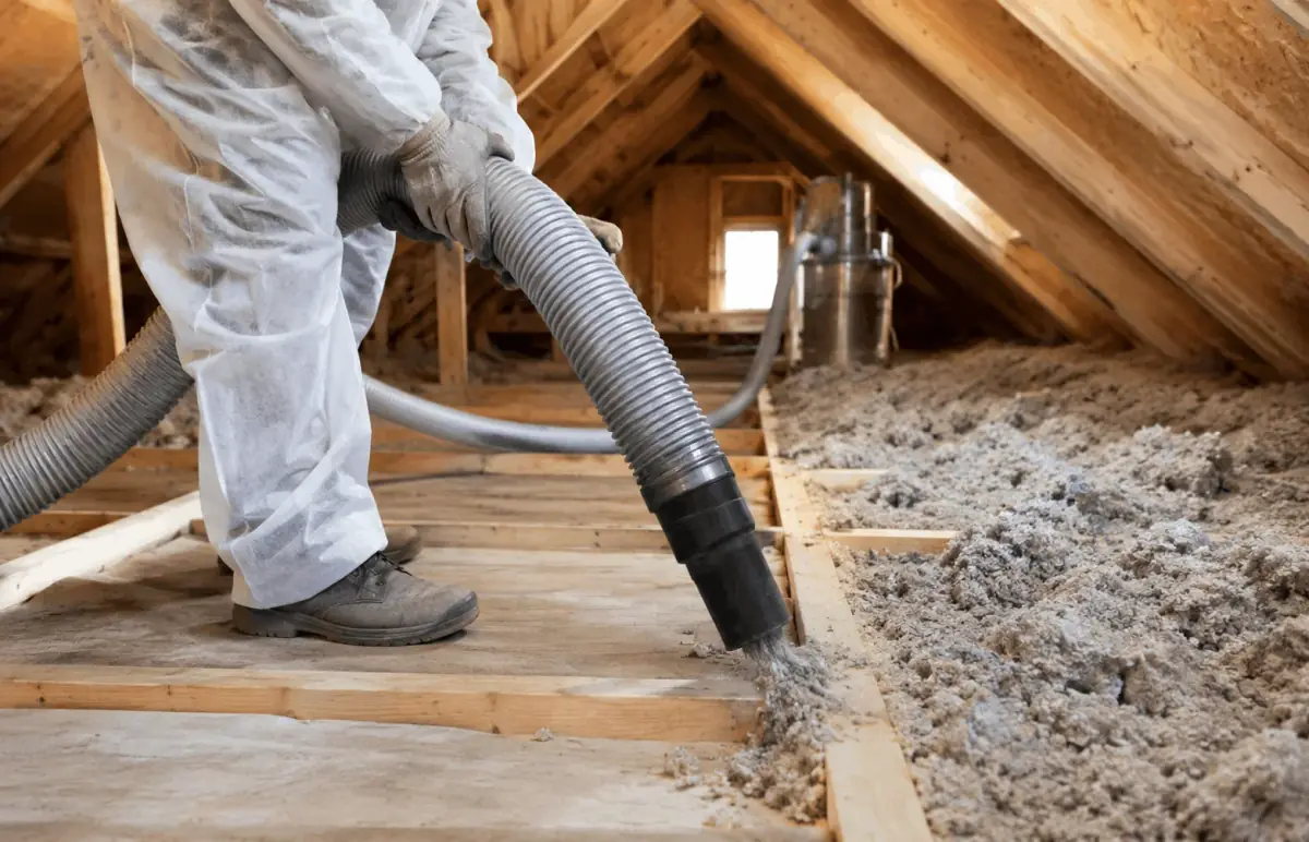 Crew safely removing old contaminated attic insulation